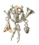 Anstecker Jagdhorn  Hirschkopf mit Kreuz, Grandl, Eichel  Hutschmuck  Anstecknadel